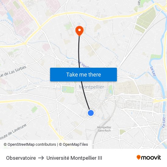 Observatoire to Université Montpellier III map