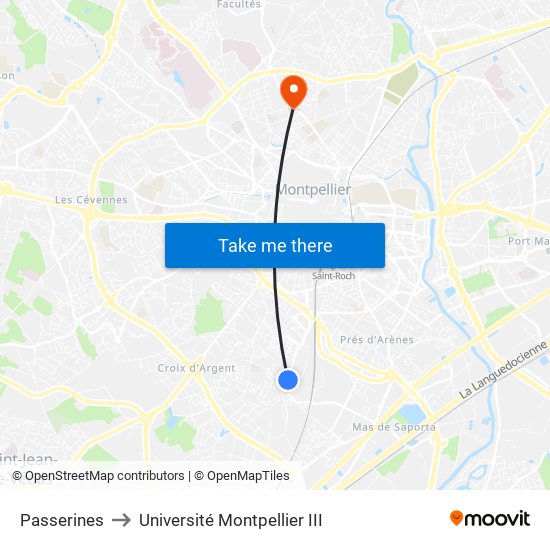 Passerines to Université Montpellier III map