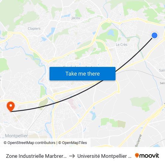 Zone Industrielle Marbrerie to Université Montpellier III map