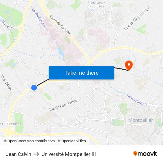 Jean Calvin to Université Montpellier III map
