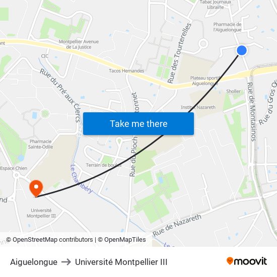 Aiguelongue to Université Montpellier III map