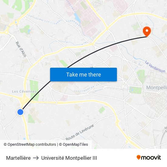 Martellière to Université Montpellier III map