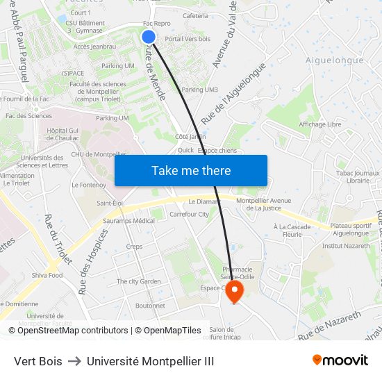 Vert Bois to Université Montpellier III map