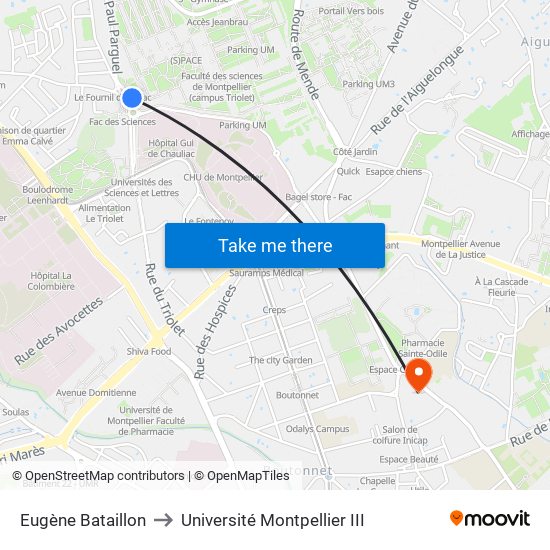 Eugène Bataillon to Université Montpellier III map