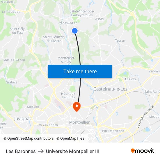 Les Baronnes to Université Montpellier III map