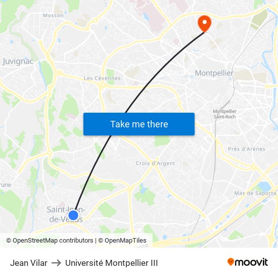 Jean Vilar to Université Montpellier III map