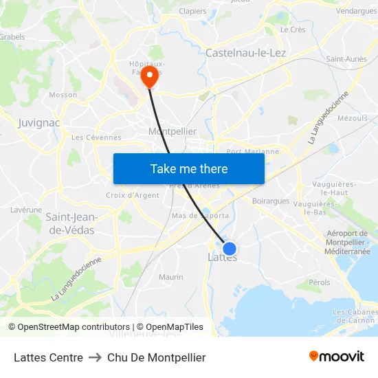 Lattes Centre to Chu De Montpellier map