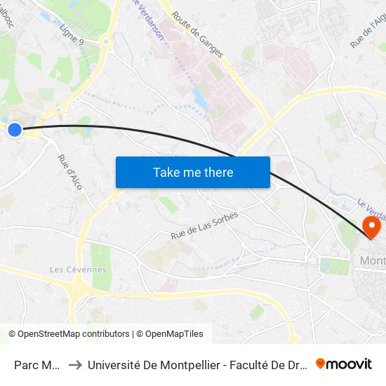 Parc Malbosc to Université De Montpellier - Faculté De Droit Et Science Politique map