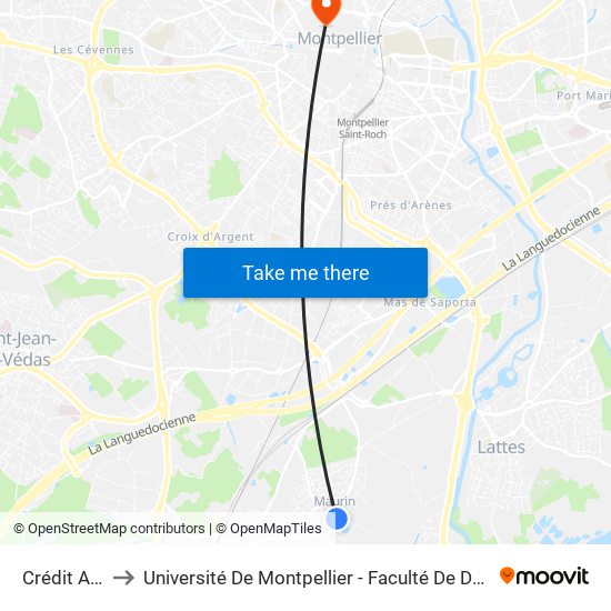 Crédit Agricole to Université De Montpellier - Faculté De Droit Et Science Politique map