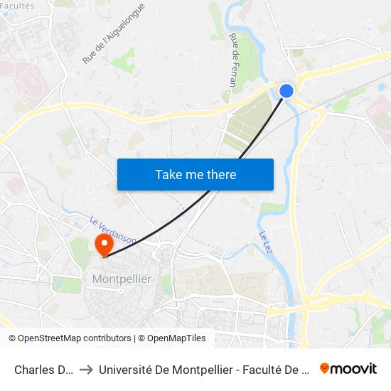 Charles De Gaulle to Université De Montpellier - Faculté De Droit Et Science Politique map