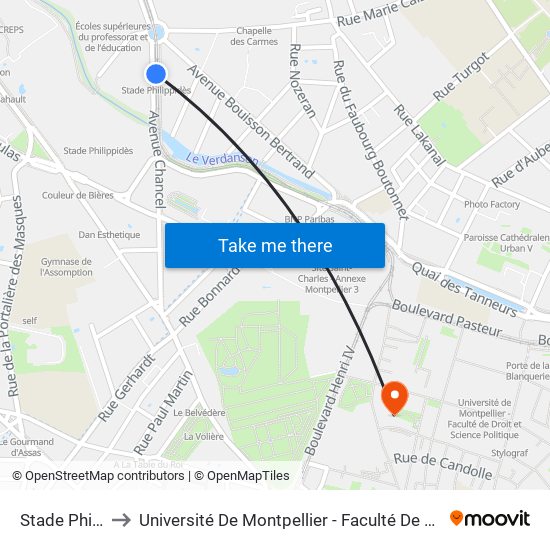 Stade Philippidès to Université De Montpellier - Faculté De Droit Et Science Politique map