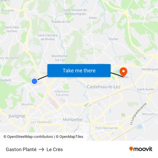 Gaston Planté to Le Crès map