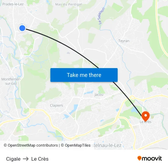 Cigale to Le Crès map