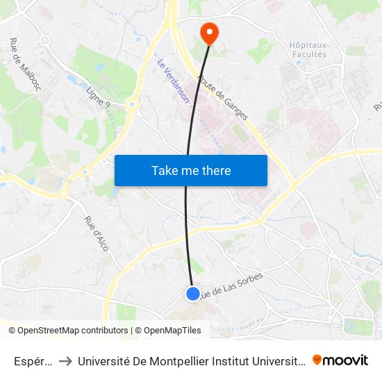 Espérance to Université De Montpellier Institut Universitaire De Technologie map
