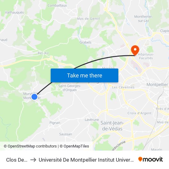 Clos Des Pins to Université De Montpellier Institut Universitaire De Technologie map