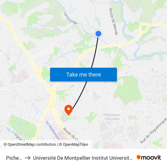 Picheyrou to Université De Montpellier Institut Universitaire De Technologie map