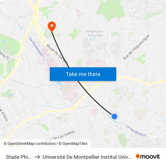 Stade Philippidès to Université De Montpellier Institut Universitaire De Technologie map