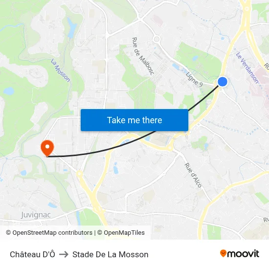 Château D'Ô to Stade De La Mosson map