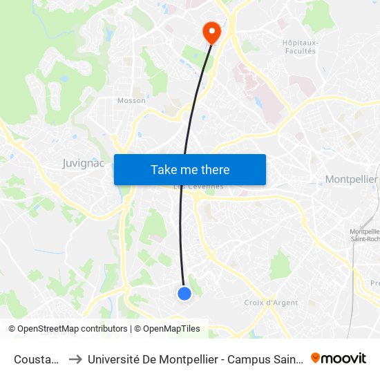 Coustaude to Université De Montpellier - Campus Saint-Priest map