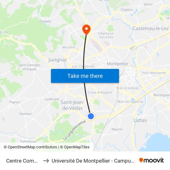 Centre Commercial to Université De Montpellier - Campus Saint-Priest map