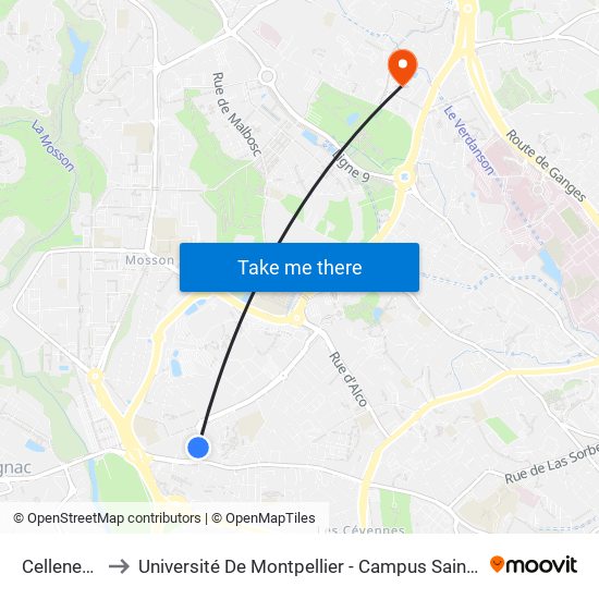 Celleneuve to Université De Montpellier - Campus Saint-Priest map