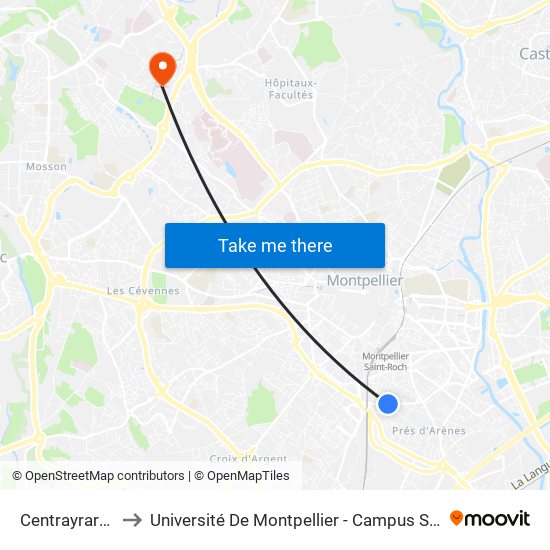 Centrayrargues to Université De Montpellier - Campus Saint-Priest map