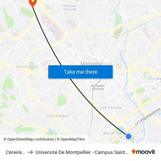 Céreirède to Université De Montpellier - Campus Saint-Priest map