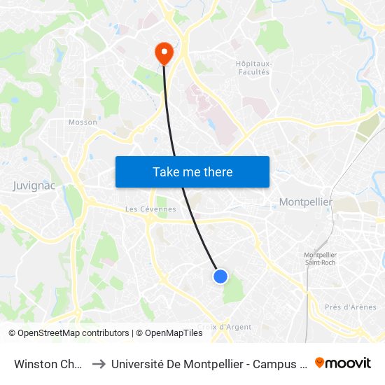 Winston Churchill to Université De Montpellier - Campus Saint-Priest map