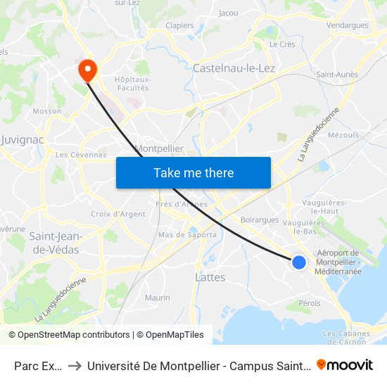 Parc Expo to Université De Montpellier - Campus Saint-Priest map