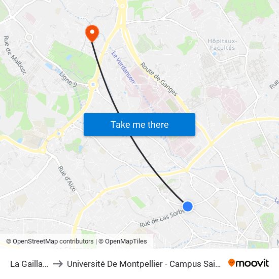 La Gaillarde to Université De Montpellier - Campus Saint-Priest map