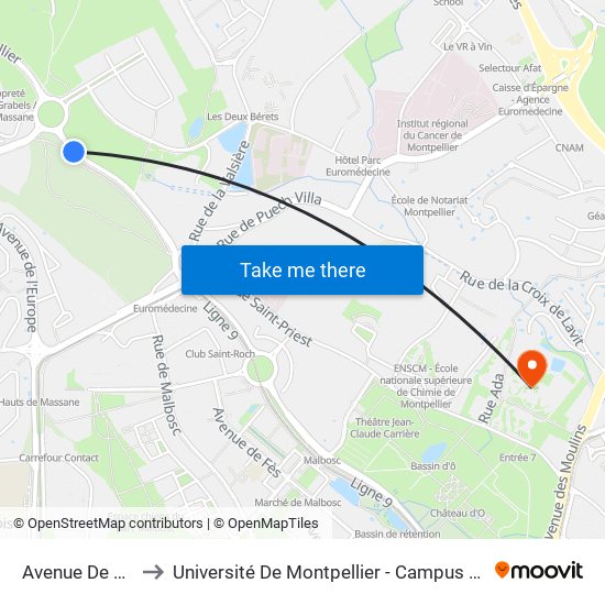 Avenue De Rome to Université De Montpellier - Campus Saint-Priest map