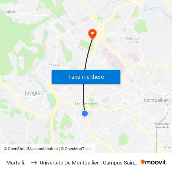 Martellière to Université De Montpellier - Campus Saint-Priest map