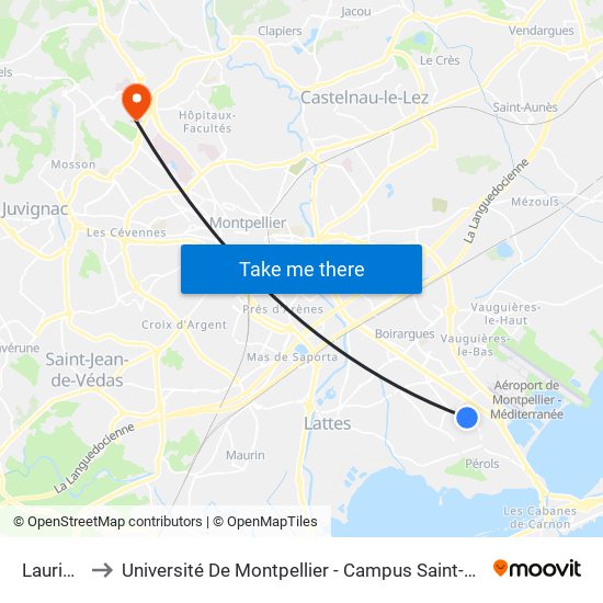 Lauriers to Université De Montpellier - Campus Saint-Priest map