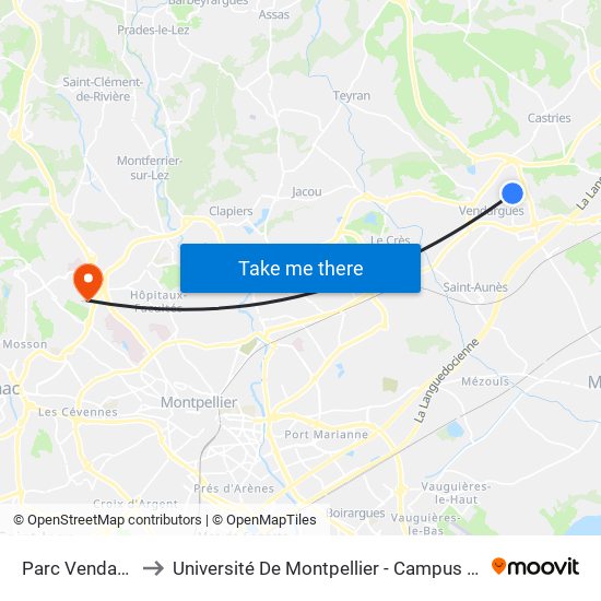 Parc Vendargues to Université De Montpellier - Campus Saint-Priest map
