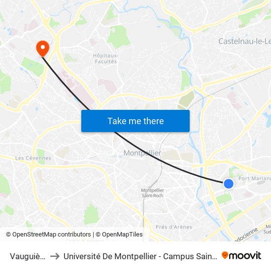 Vauguières to Université De Montpellier - Campus Saint-Priest map