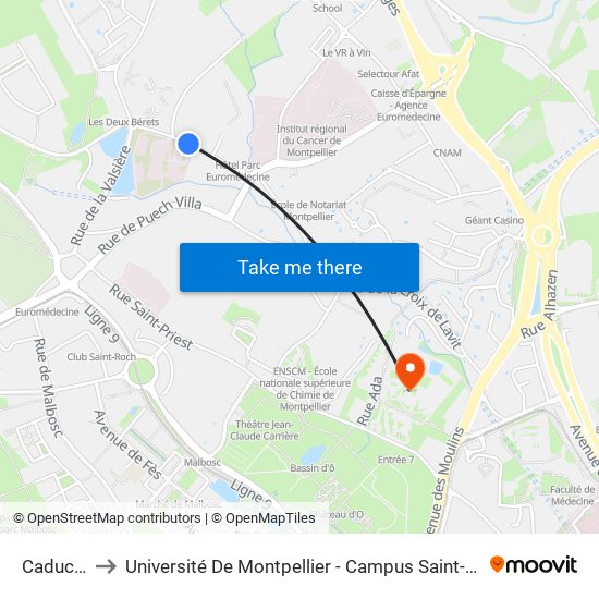 Caducée to Université De Montpellier - Campus Saint-Priest map