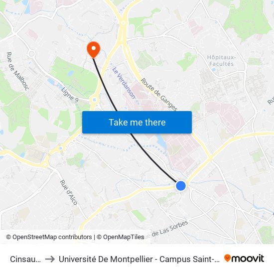 Cinsaults to Université De Montpellier - Campus Saint-Priest map