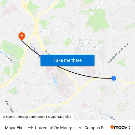 Major Flandre to Université De Montpellier - Campus Saint-Priest map