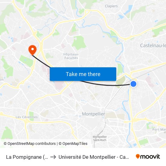 La Pompignane (Les Lacs) to Université De Montpellier - Campus Saint-Priest map