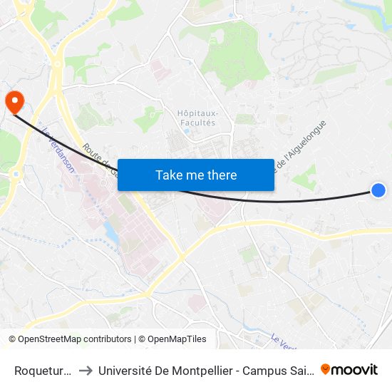 Roqueturière to Université De Montpellier - Campus Saint-Priest map