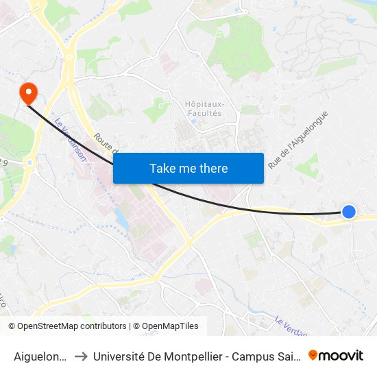 Aiguelongue to Université De Montpellier - Campus Saint-Priest map