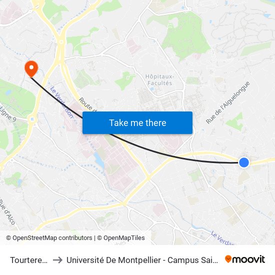 Tourterelles to Université De Montpellier - Campus Saint-Priest map