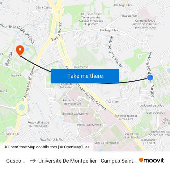 Gascogne to Université De Montpellier - Campus Saint-Priest map