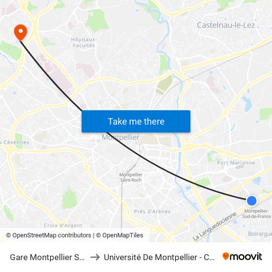 Gare Montpellier Sud De France to Université De Montpellier - Campus Saint-Priest map