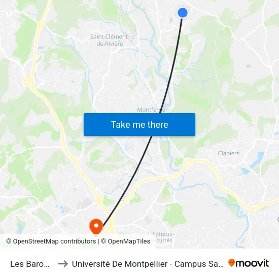 Les Baronnes to Université De Montpellier - Campus Saint-Priest map