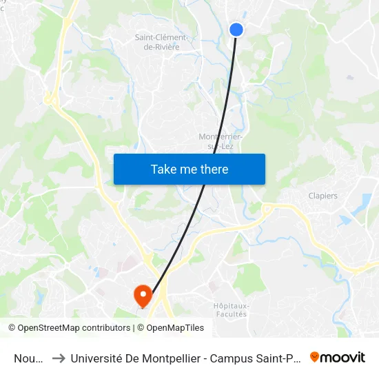 Nouau to Université De Montpellier - Campus Saint-Priest map