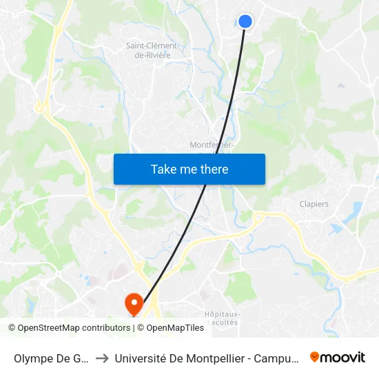 Olympe De Gouges to Université De Montpellier - Campus Saint-Priest map
