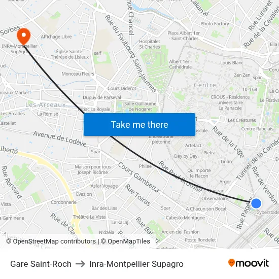 Gare Saint-Roch to Inra-Montpellier Supagro map