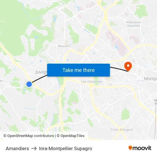 Amandiers to Inra-Montpellier Supagro map