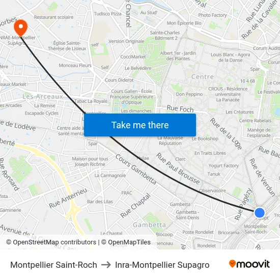 Montpellier Saint-Roch to Inra-Montpellier Supagro map